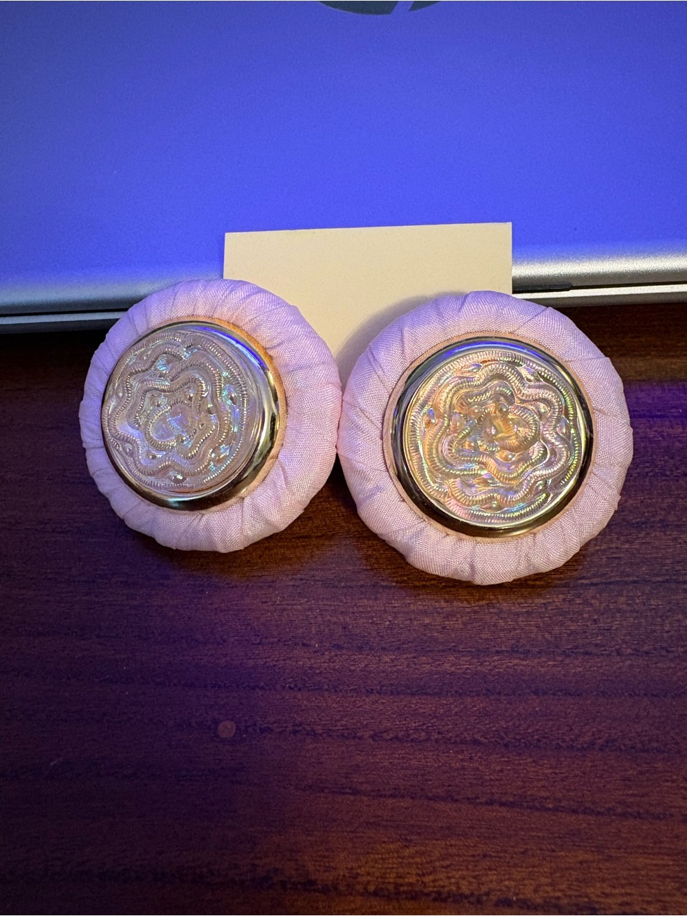 Vintage Pink Fabric Button Earrings with Gold-Tone Centers